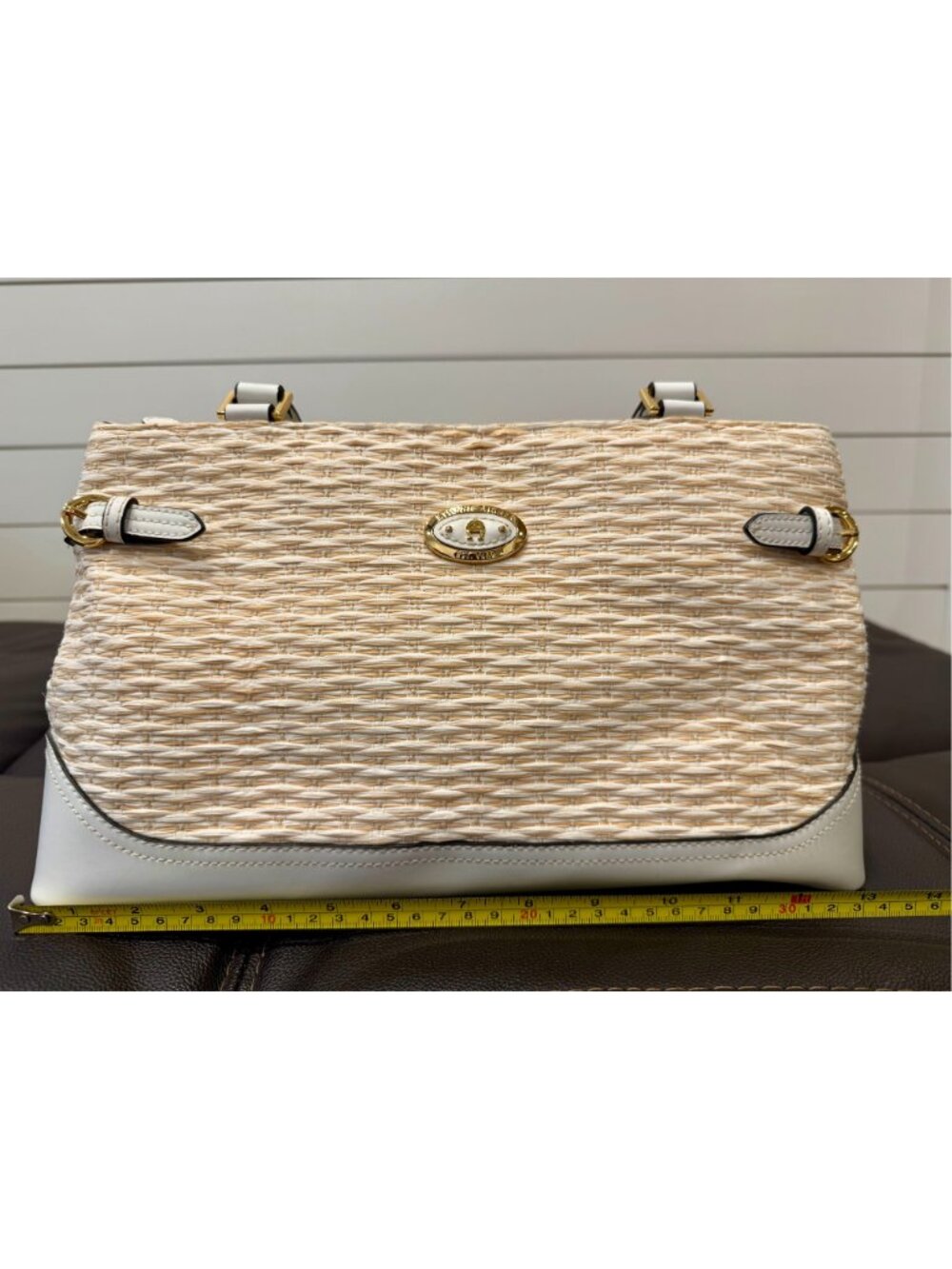 Etienne Aigner Woven Straw Shoulder Bag White Tan Gold Paisley 3690 - Picture 9 of 16
